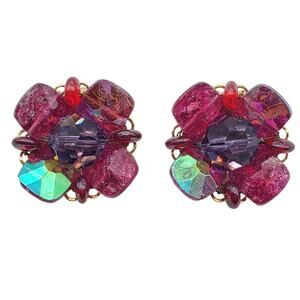 Marvella Beaded Cluster Clip On Earrings Red Pink Purple AB Vintage 1960s MCM